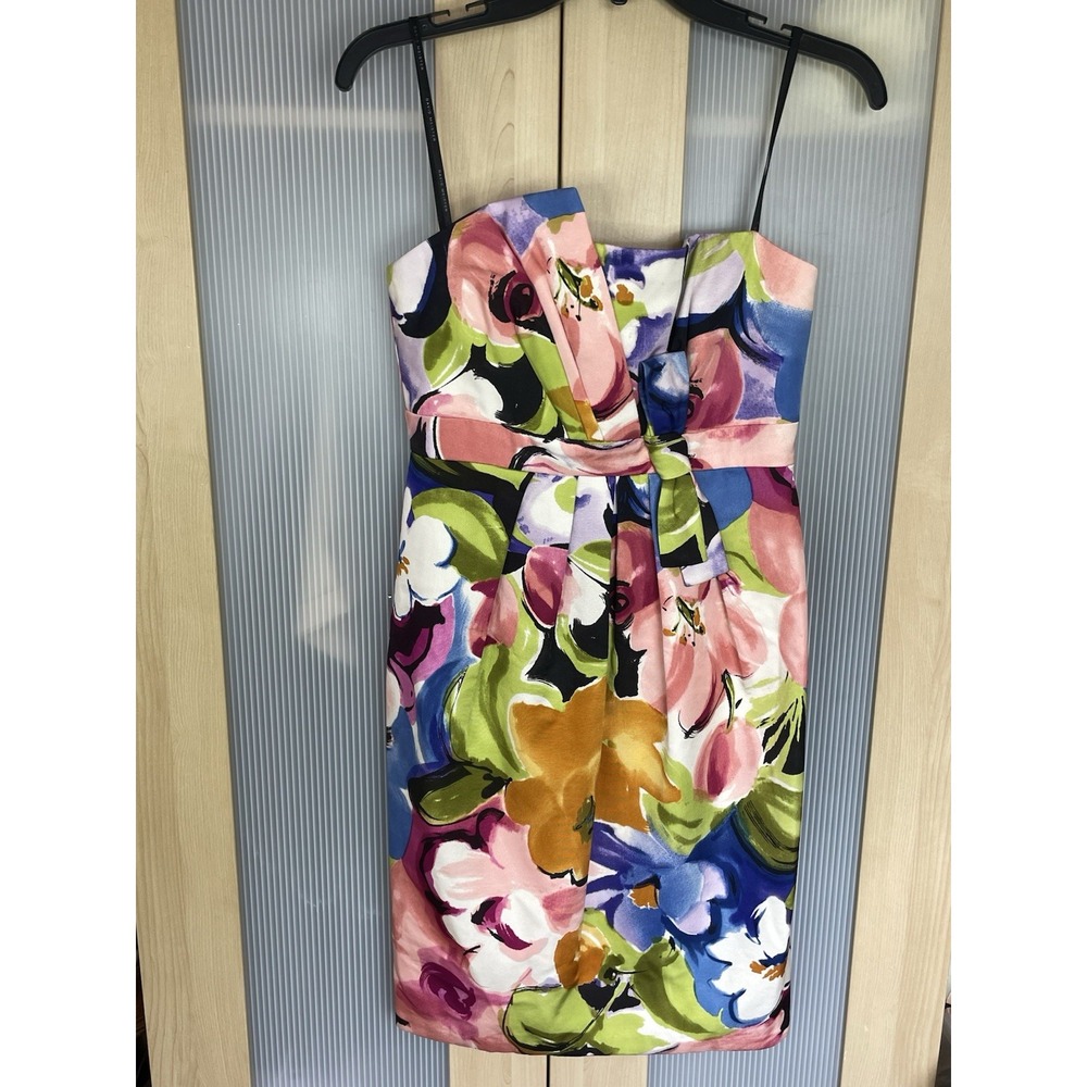 David Meister Silk Dress Sz 2 Sheath Floral Print Strapless Wedding Cocktail